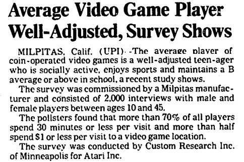Average Video Game Player Well-Adjusted, Survey Shows - 1984